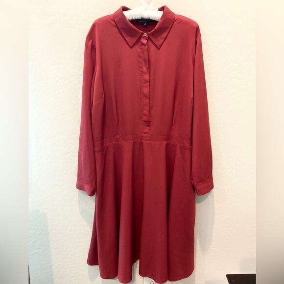 ELOQUII | Plus Size Red Burgundy Long Sleeve Collared Shirt Dress | Size 20 - Picture 1 of 7